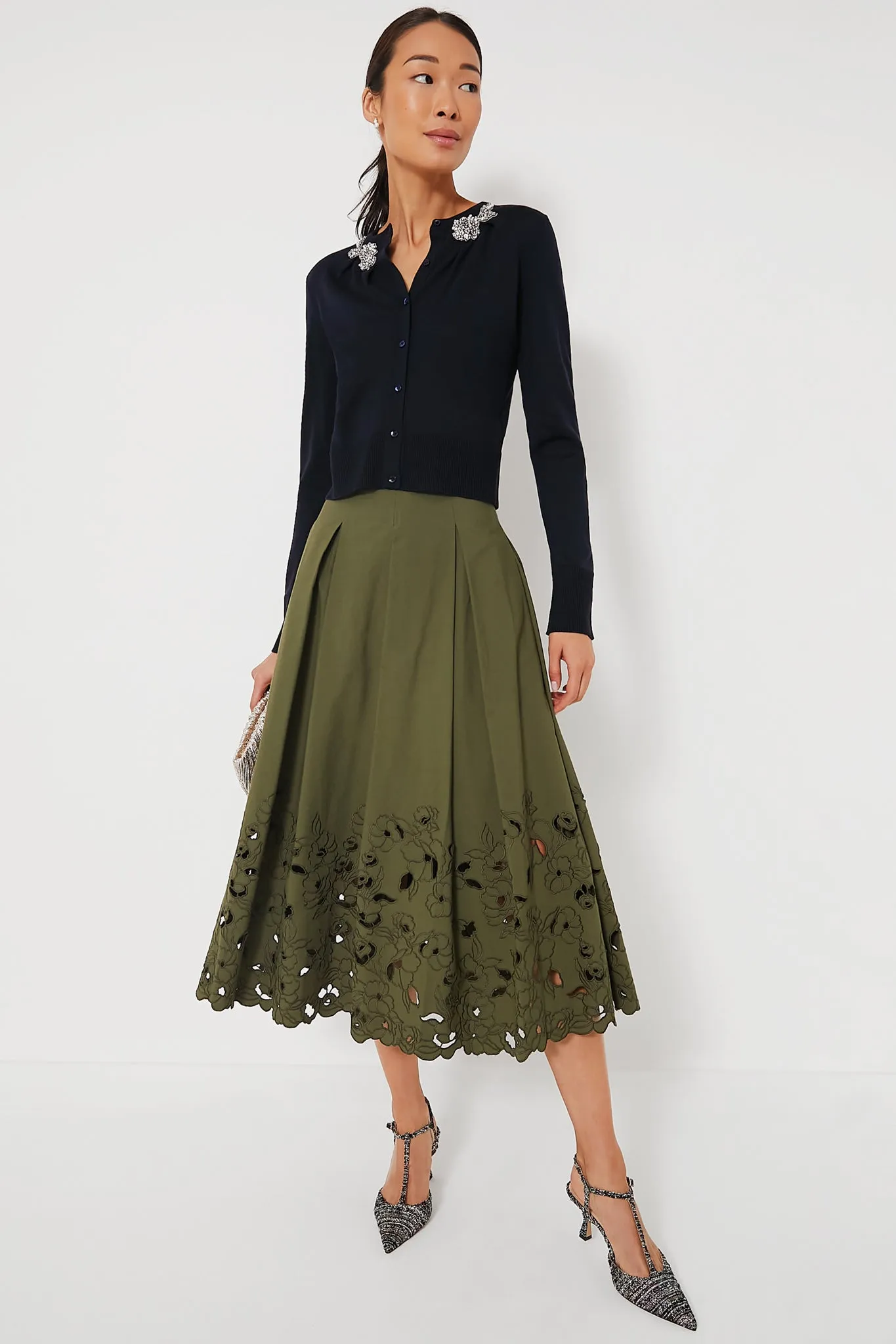 Olive Volume Hem Pleat Detail Skirt