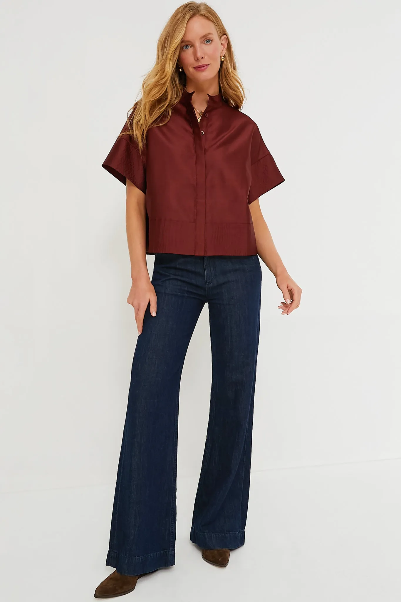 Oxblood Dupioni Trapunto Stitch Sofia Shirt