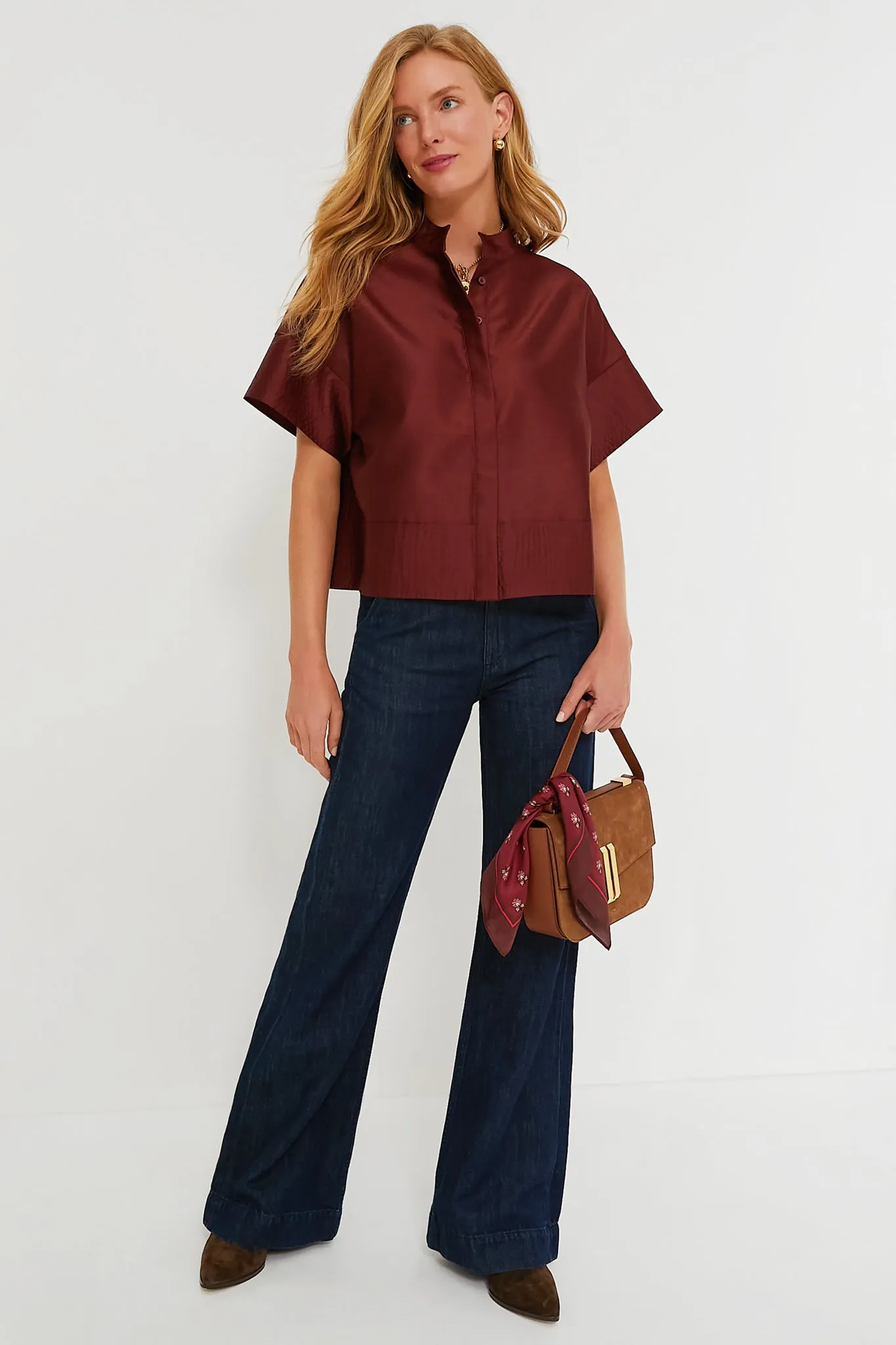 Oxblood Dupioni Trapunto Stitch Sofia Shirt