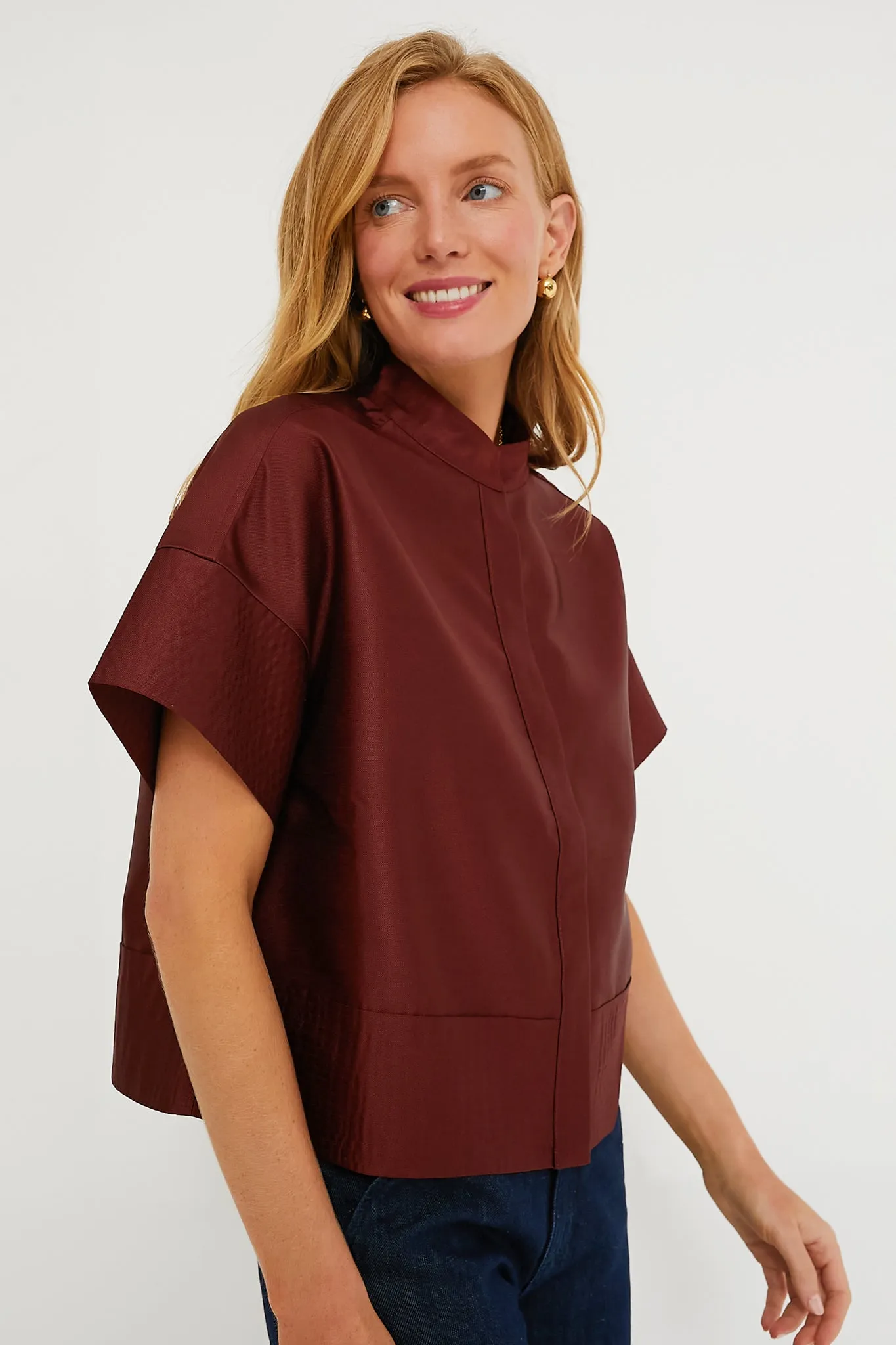 Oxblood Dupioni Trapunto Stitch Sofia Shirt