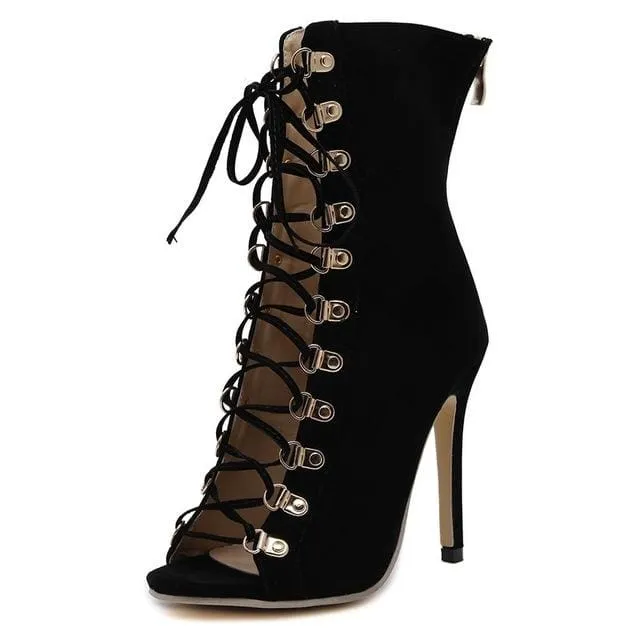 Peep Toe Flock Leather Stiletto Lace Up Gladiator Summer Boot