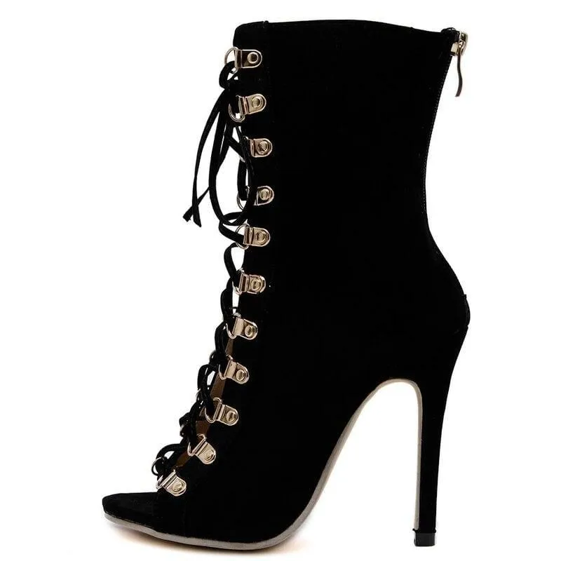 Peep Toe Flock Leather Stiletto Lace Up Gladiator Summer Boot