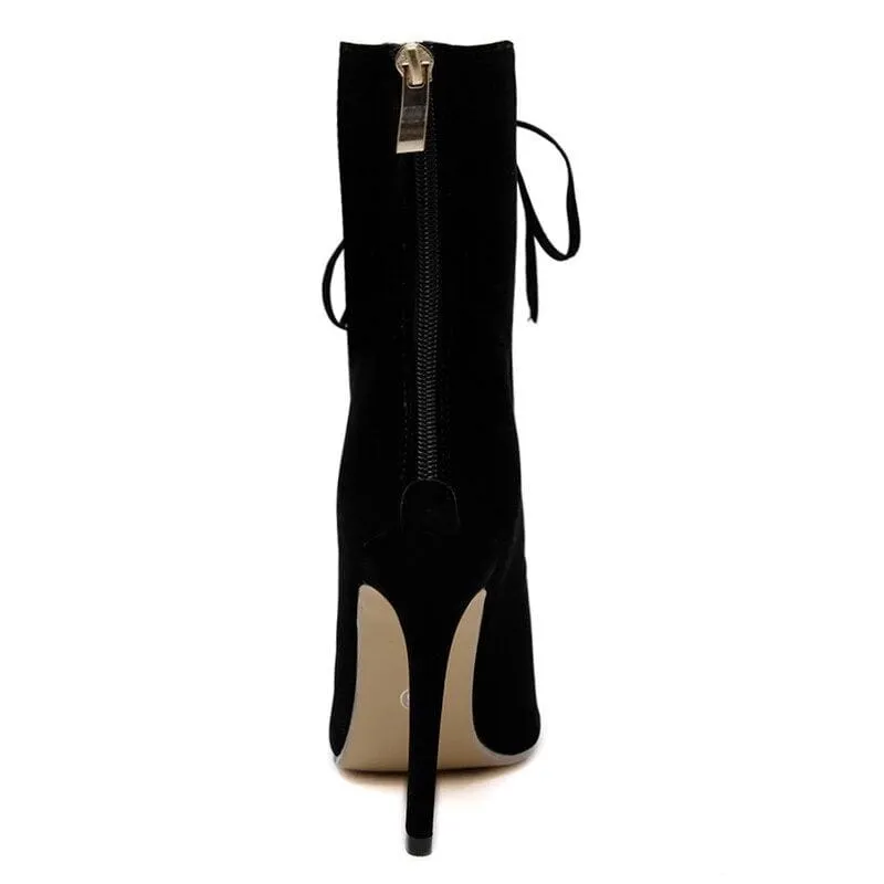 Peep Toe Flock Leather Stiletto Lace Up Gladiator Summer Boot