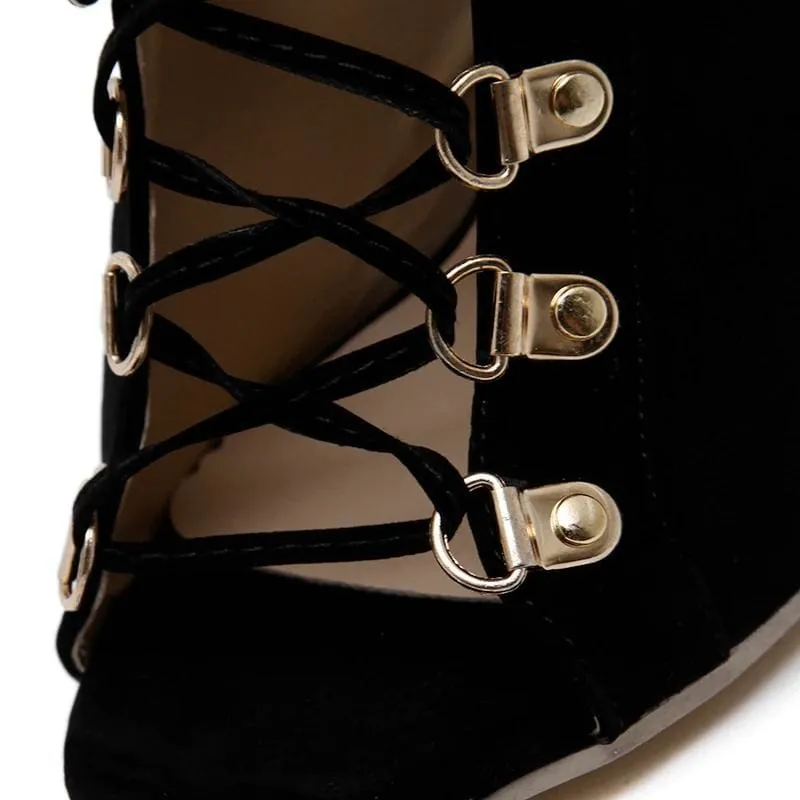 Peep Toe Flock Leather Stiletto Lace Up Gladiator Summer Boot