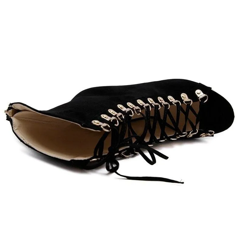 Peep Toe Flock Leather Stiletto Lace Up Gladiator Summer Boot