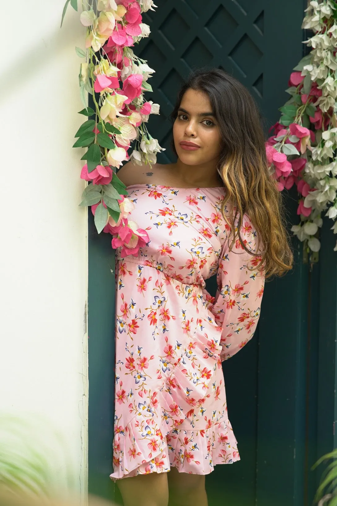 PINK FLORAL PRINTED ONE SHOULDER DRESS FOR WOMEN