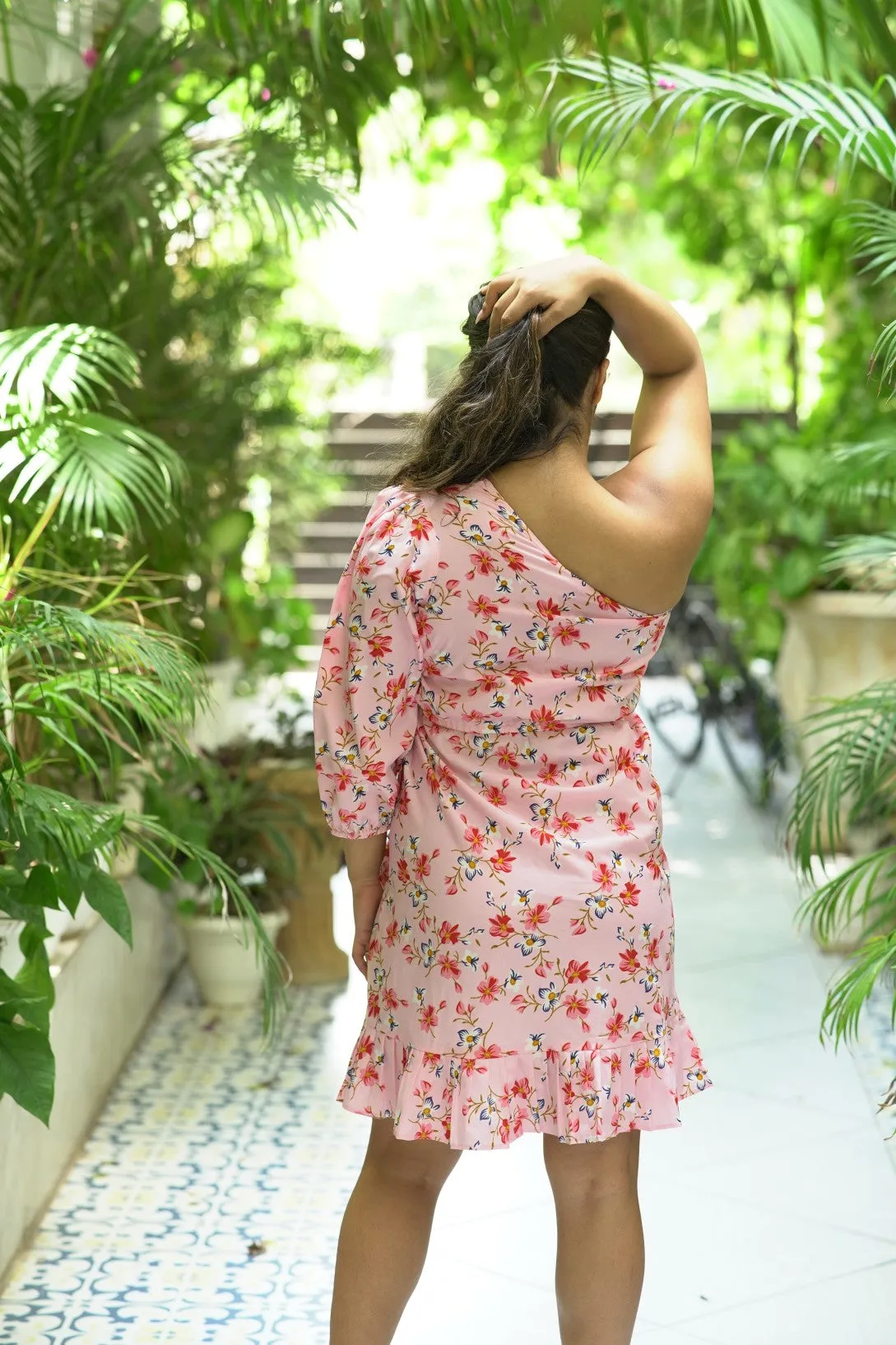 PINK FLORAL PRINTED ONE SHOULDER DRESS FOR WOMEN