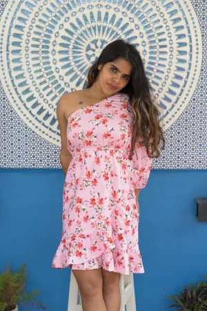 PINK FLORAL PRINTED ONE SHOULDER DRESS FOR WOMEN