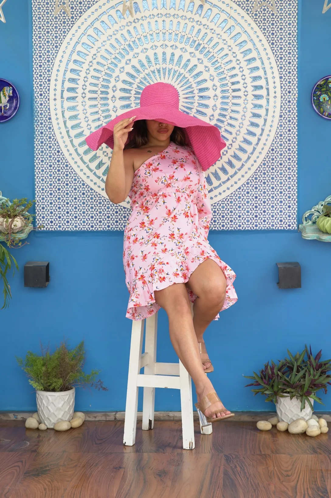 PINK FLORAL PRINTED ONE SHOULDER DRESS FOR WOMEN