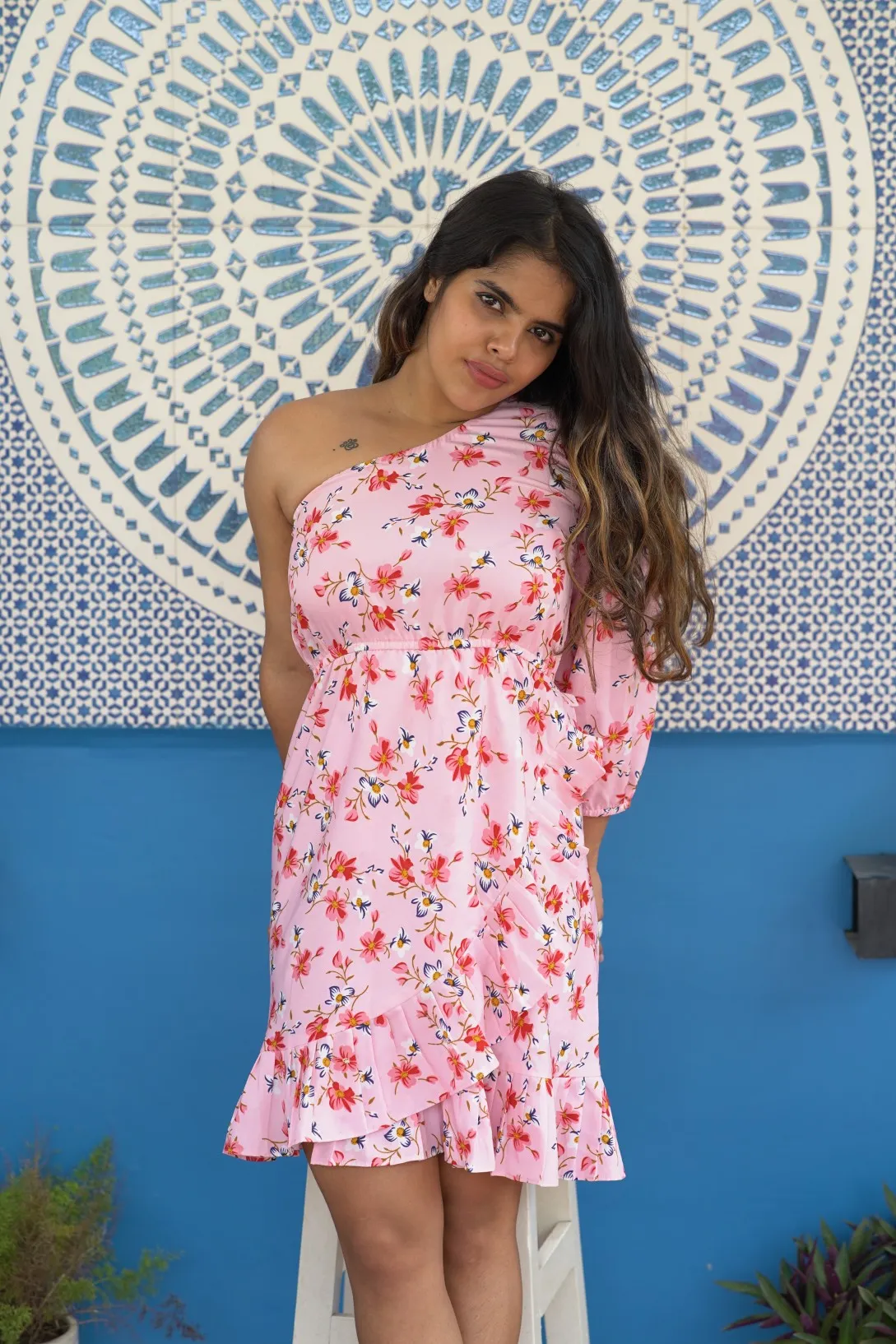 PINK FLORAL PRINTED ONE SHOULDER DRESS FOR WOMEN