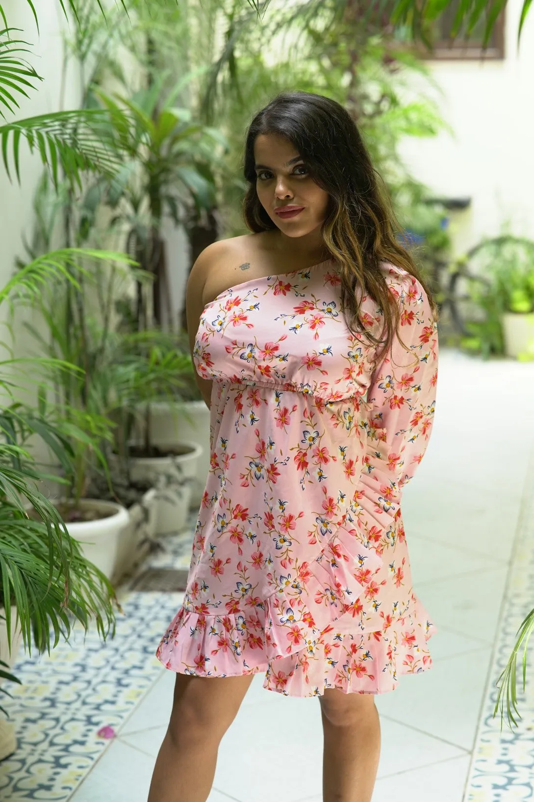 PINK FLORAL PRINTED ONE SHOULDER DRESS FOR WOMEN