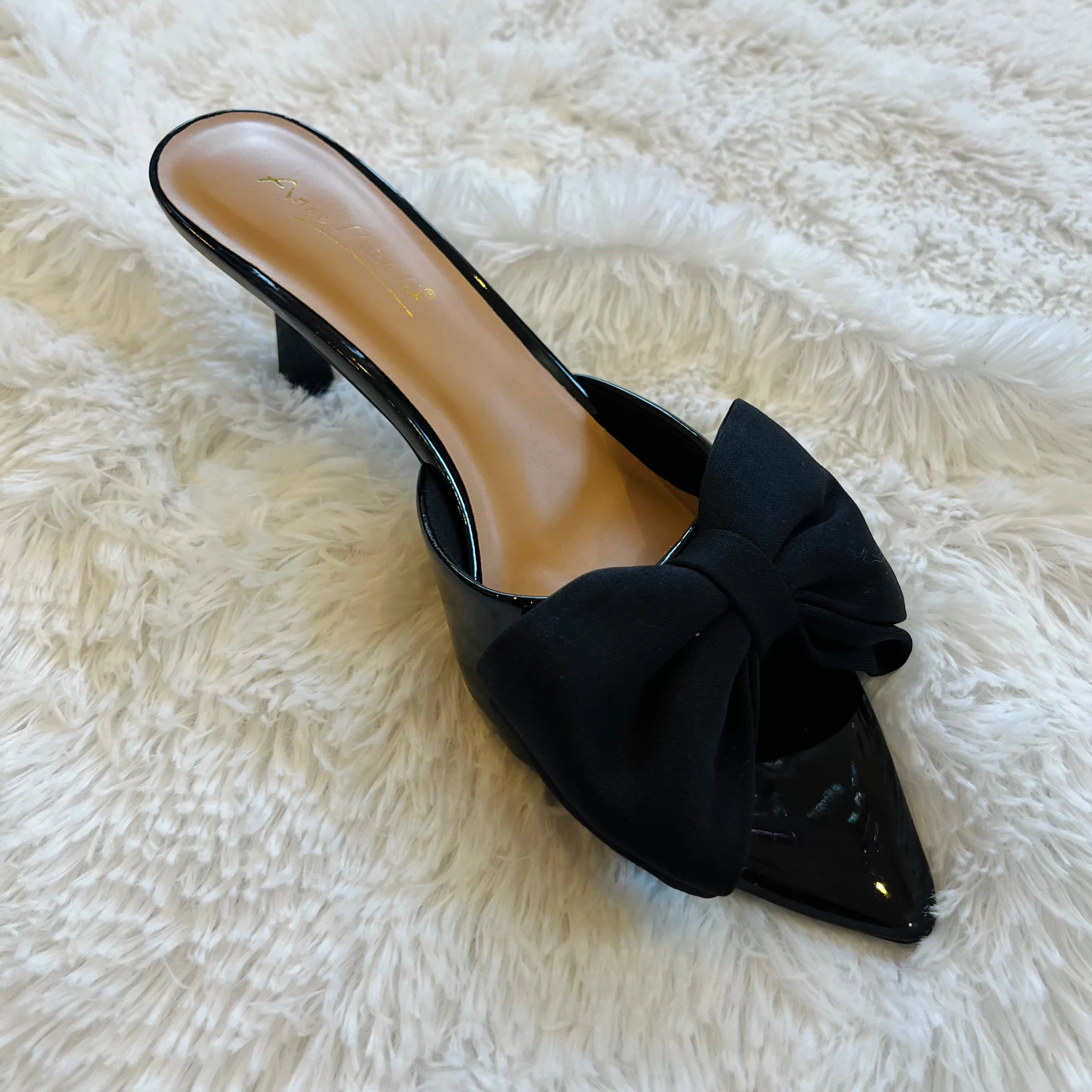 Pointed Elegance Satin Bow Pointed Toe Mule Heels