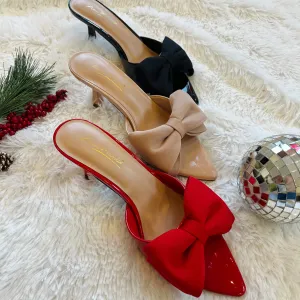 Pointed Elegance Satin Bow Pointed Toe Mule Heels