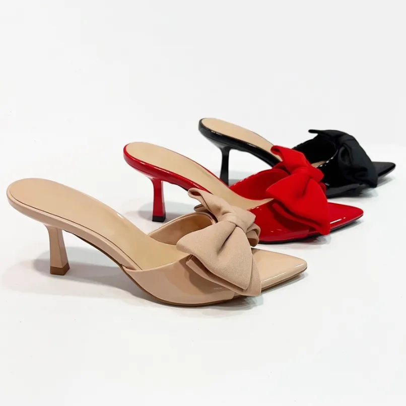 Pointed Elegance Satin Bow Pointed Toe Mule Heels