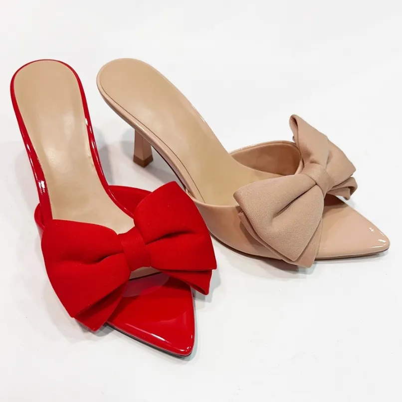 Pointed Elegance Satin Bow Pointed Toe Mule Heels