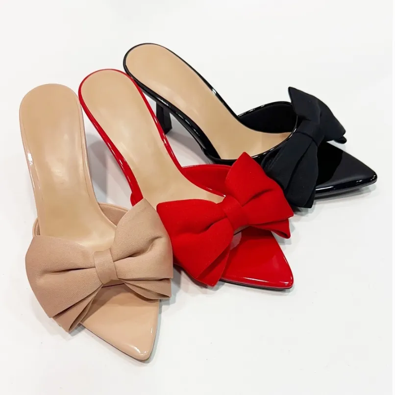 Pointed Elegance Satin Bow Pointed Toe Mule Heels