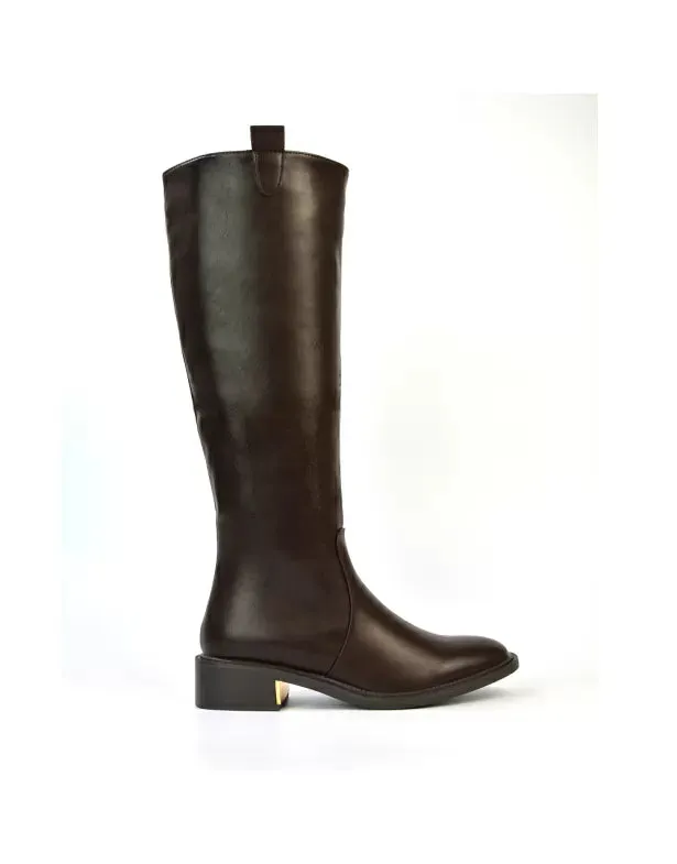 Prince Winter Flat Knee High Boots With Inside Zip in Brown Synthetic Leather