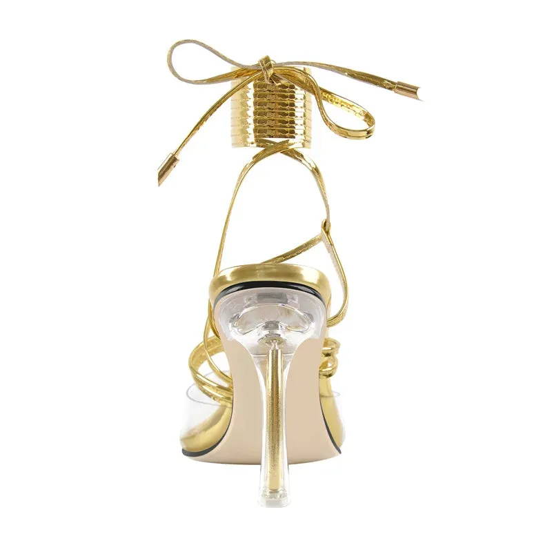 PVC Lace-Up Ankle Strappy Metal Thin High Heel Sandals Shoes