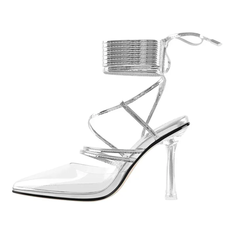 PVC Lace-Up Ankle Strappy Metal Thin High Heel Sandals Shoes