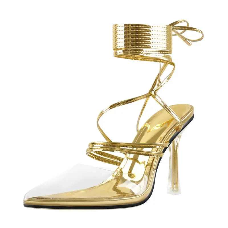 PVC Lace-Up Ankle Strappy Metal Thin High Heel Sandals Shoes