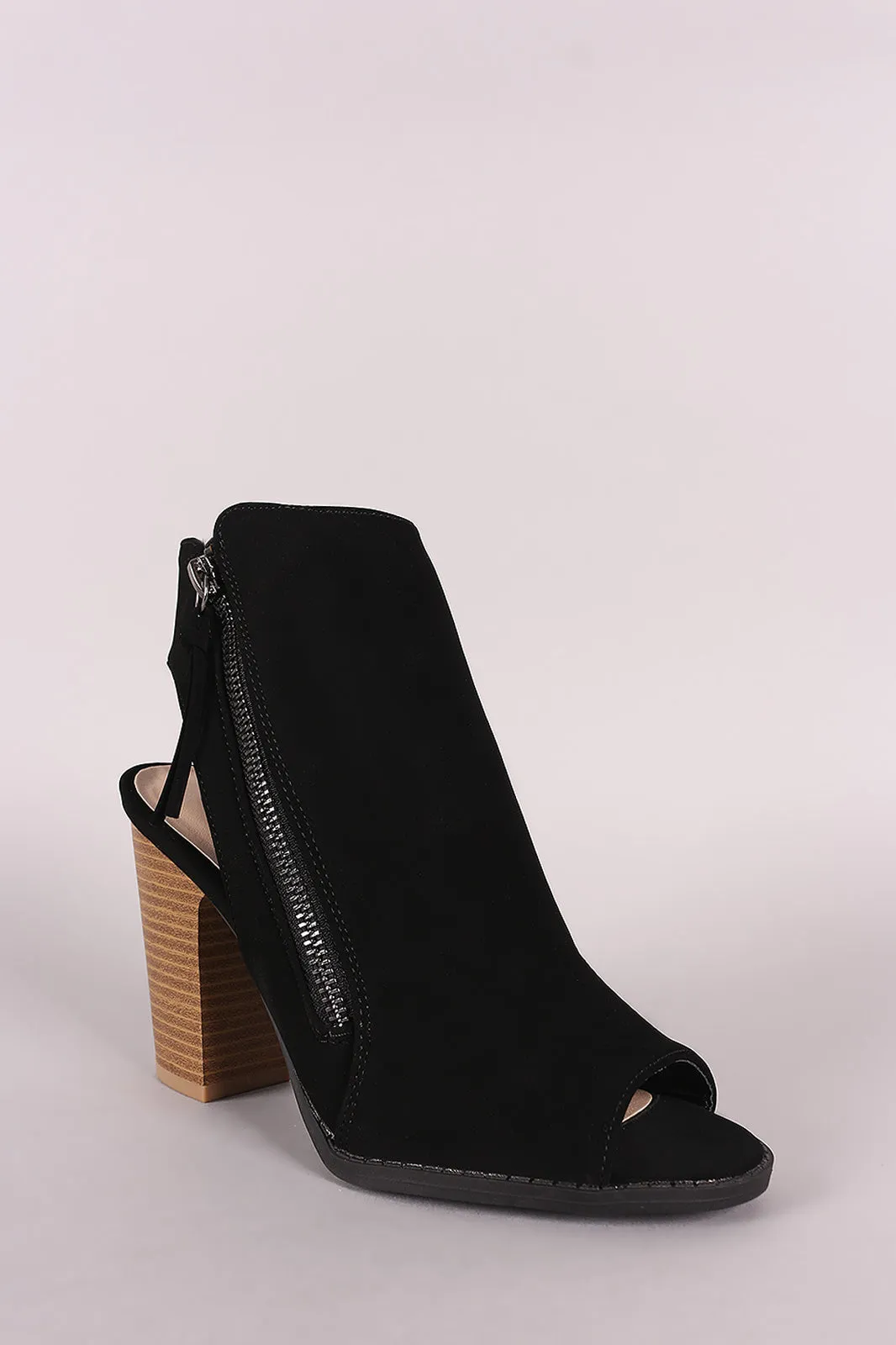 Qupid Nubuck Zipper Peep Toe Chunky Heeled Mule Booties