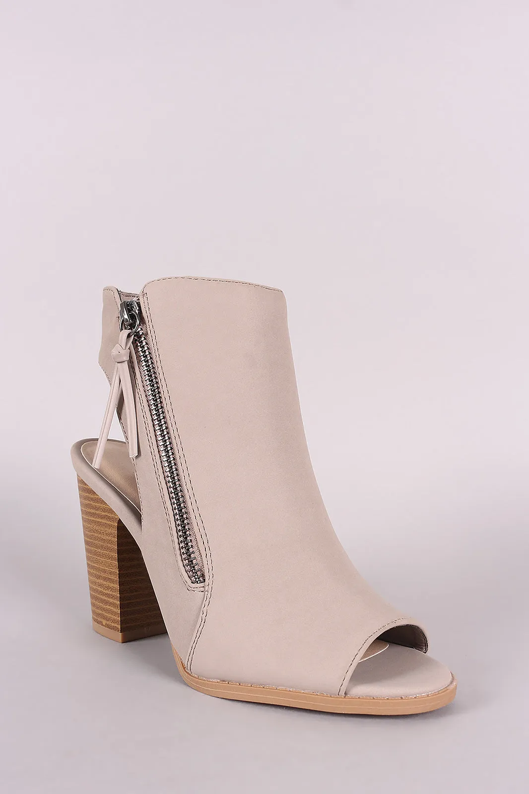 Qupid Nubuck Zipper Peep Toe Chunky Heeled Mule Booties