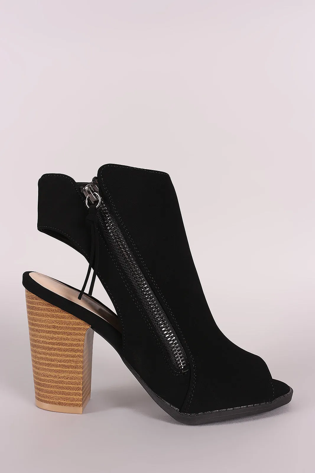Qupid Nubuck Zipper Peep Toe Chunky Heeled Mule Booties