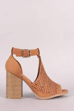 Qupid Perforated Peep Toe Ankle Strap Chunky Heel