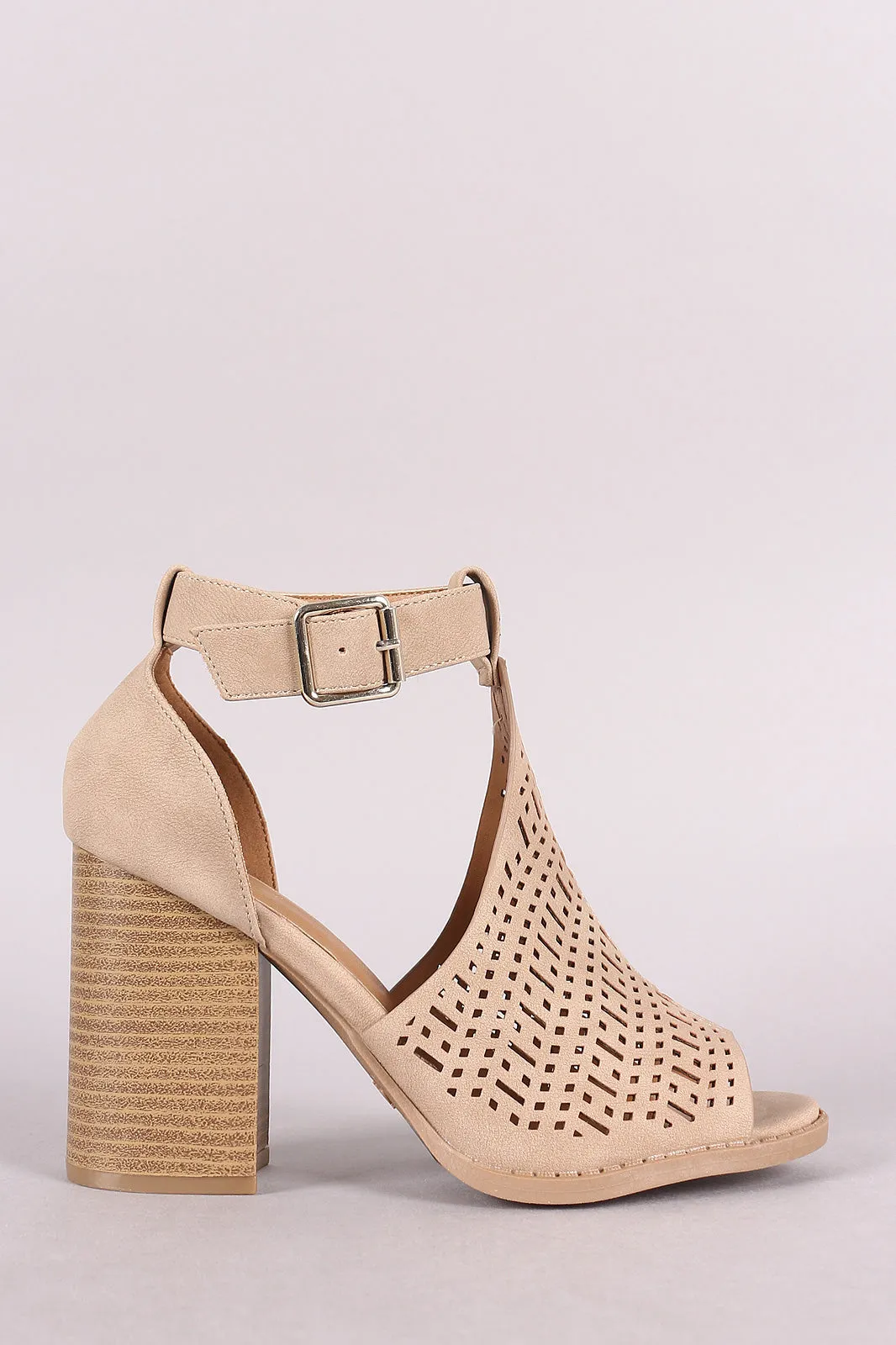Qupid Perforated Peep Toe Ankle Strap Chunky Heel