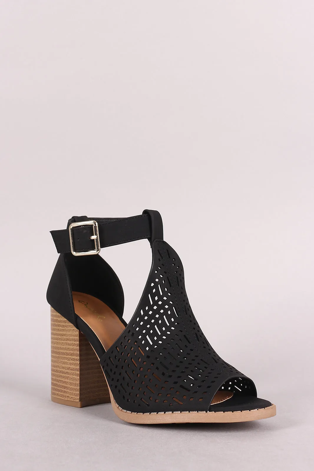 Qupid Perforated Peep Toe Ankle Strap Chunky Heel