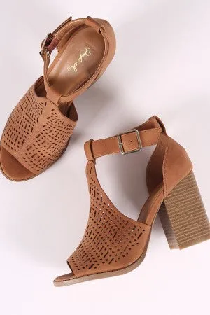 Qupid Perforated Peep Toe Ankle Strap Chunky Heel