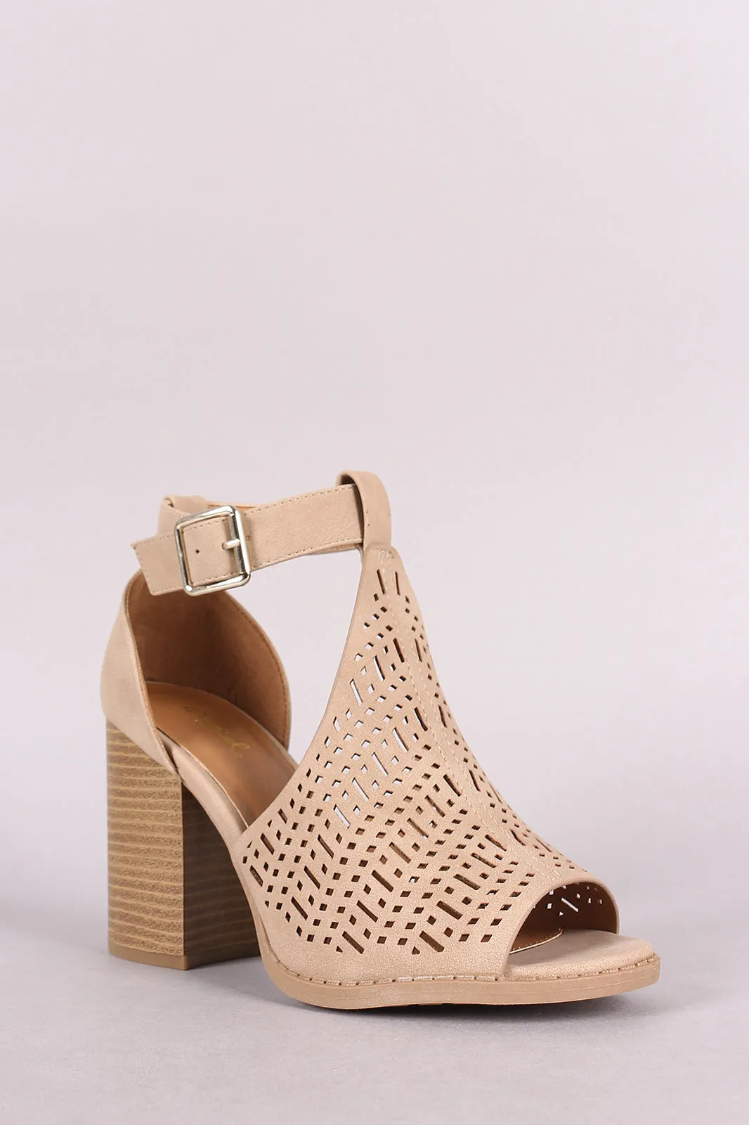 Qupid Perforated Peep Toe Ankle Strap Chunky Heel
