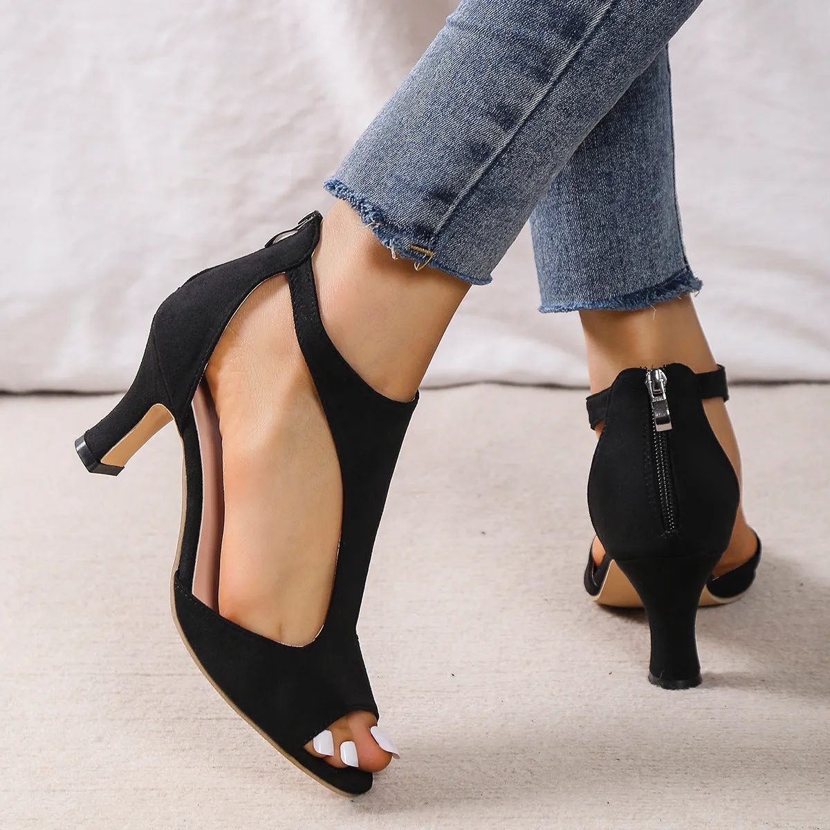 Rachael – High Heel Peep Toe Sandals with Back Zipper