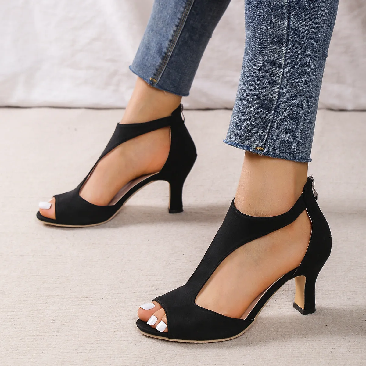 Rachael – High Heel Peep Toe Sandals with Back Zipper