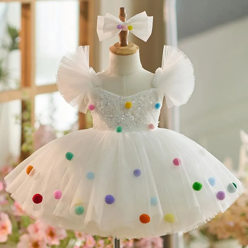 Rainbow Bubble Fairy Dress Colorful Pom-Pom Party Dress