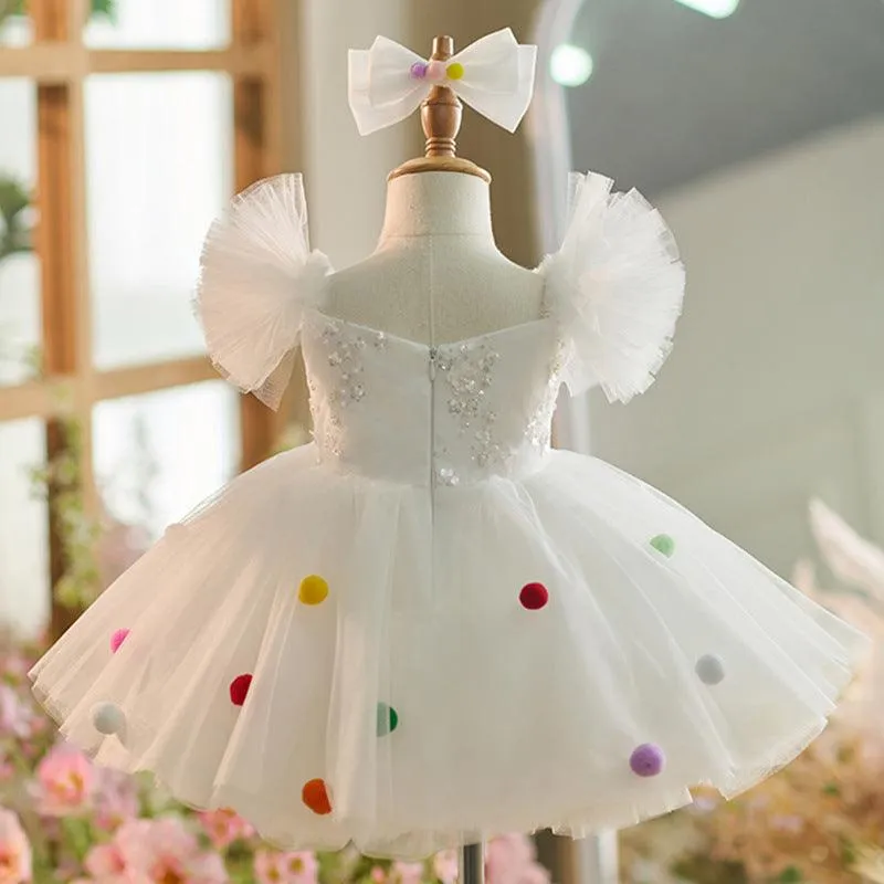 Rainbow Bubble Fairy Dress Colorful Pom-Pom Party Dress