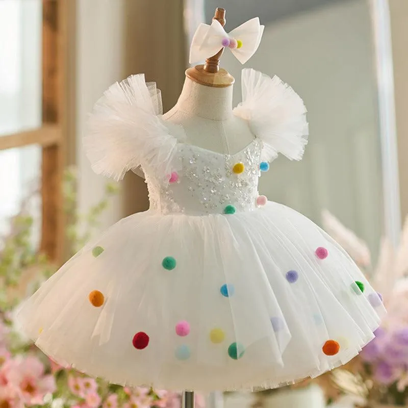 Rainbow Bubble Fairy Dress Colorful Pom-Pom Party Dress