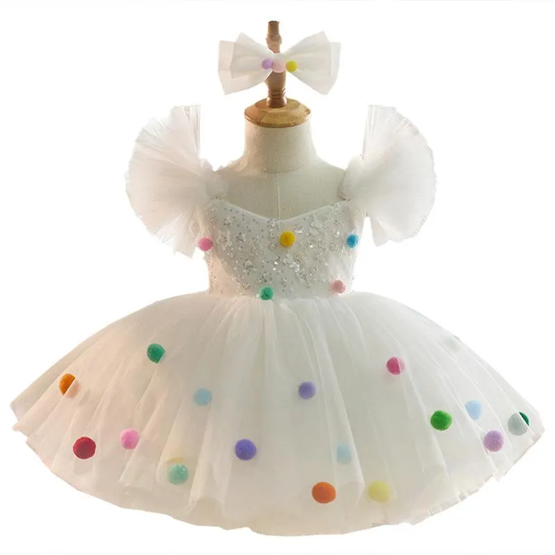 Rainbow Bubble Fairy Dress Colorful Pom-Pom Party Dress