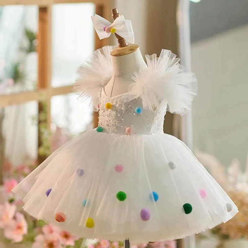 Rainbow Bubble Fairy Dress Colorful Pom-Pom Party Dress