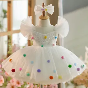 Rainbow Bubble Fairy Dress Colorful Pom-Pom Party Dress