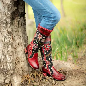 Red Floral Cowhide  & Embroidery Knee High Boots