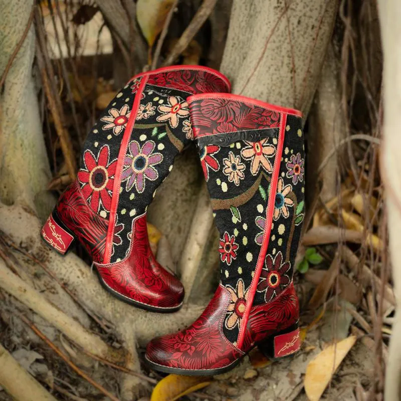 Red Floral Cowhide  & Embroidery Knee High Boots