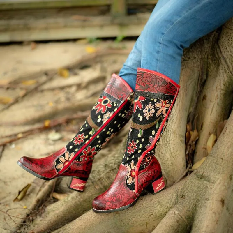 Red Floral Cowhide  & Embroidery Knee High Boots