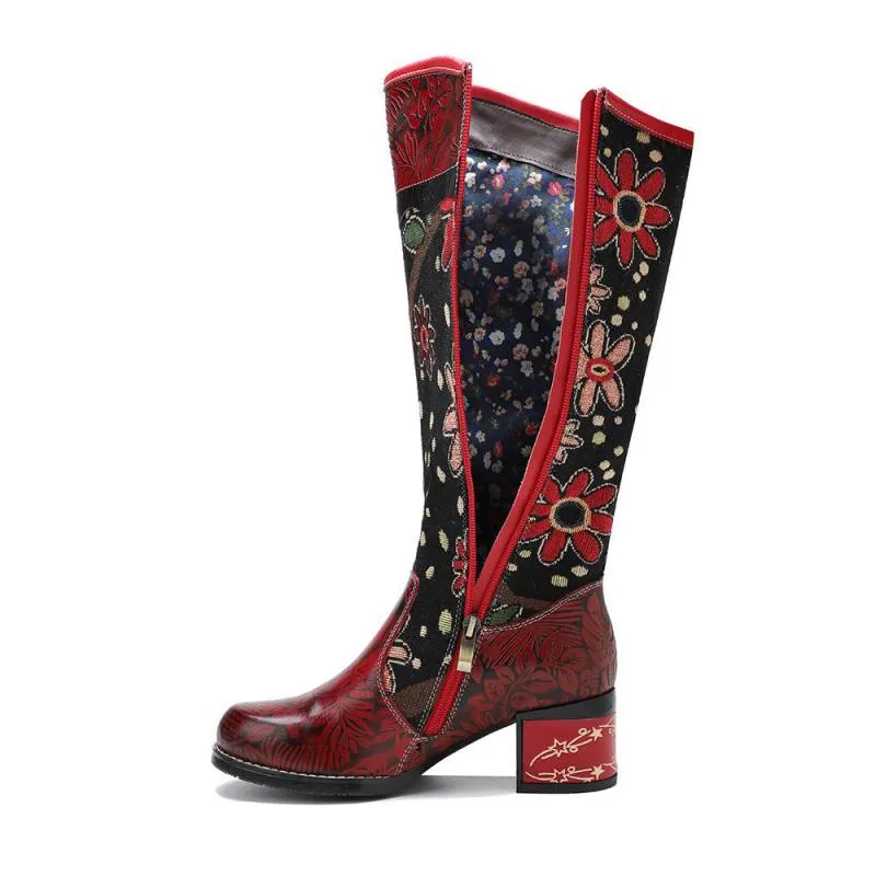 Red Floral Cowhide  & Embroidery Knee High Boots