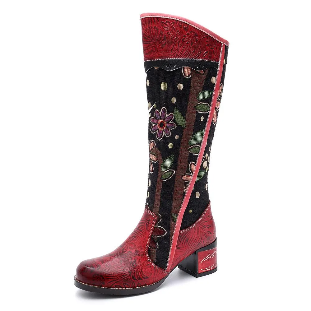 Red Floral Cowhide  & Embroidery Knee High Boots