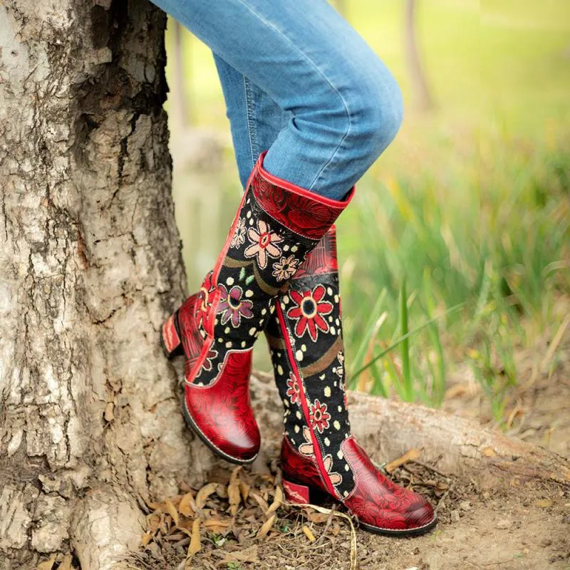 Red Floral Cowhide  & Embroidery Knee High Boots