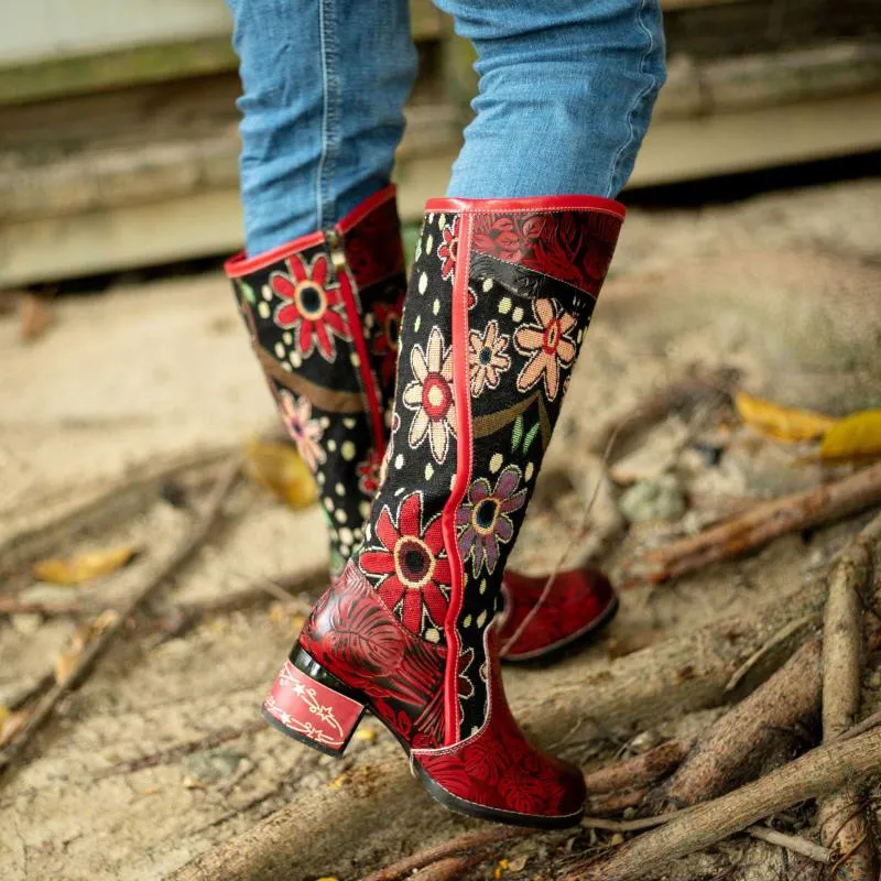 Red Floral Cowhide  & Embroidery Knee High Boots