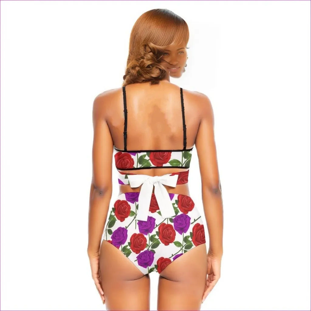 Red Rose Purp Women's Bikini Sets With Cross Straps
