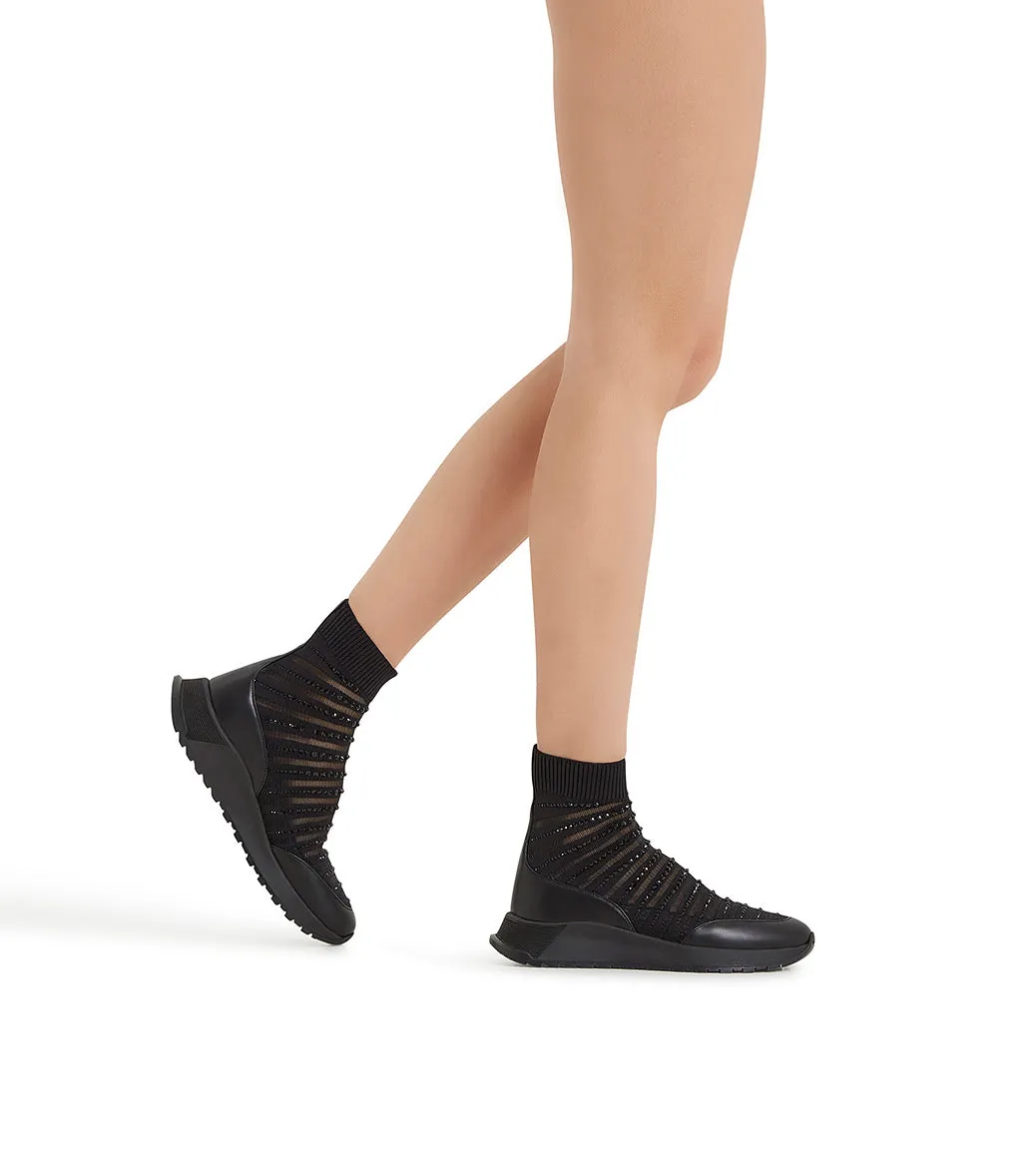 Rhinestoned Black stretch fabric sock sneaker