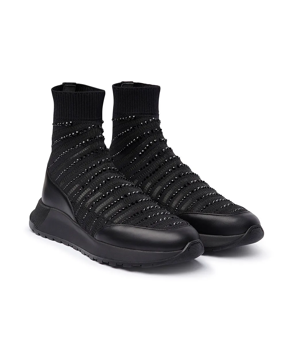 Rhinestoned Black stretch fabric sock sneaker